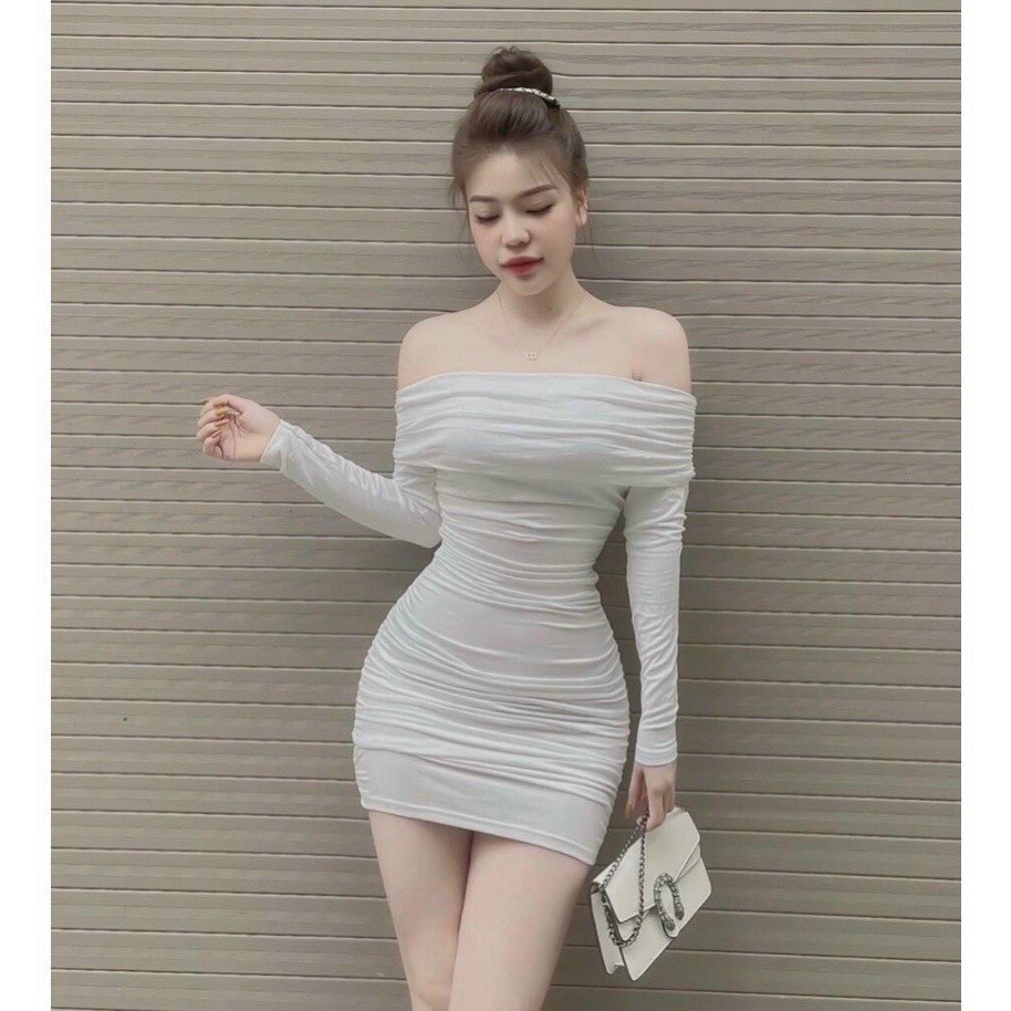 Đầm Body Nữ Dáng Ngắn Bẹt Vai Tay Dài Nhún Sườn