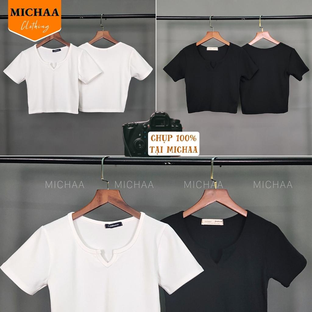 Áo Croptop Cổ KHOÉT CHỮ V Tay Ngắn Nữ Thun Cotton Phong Cách Gợi Cảm - MICHAA