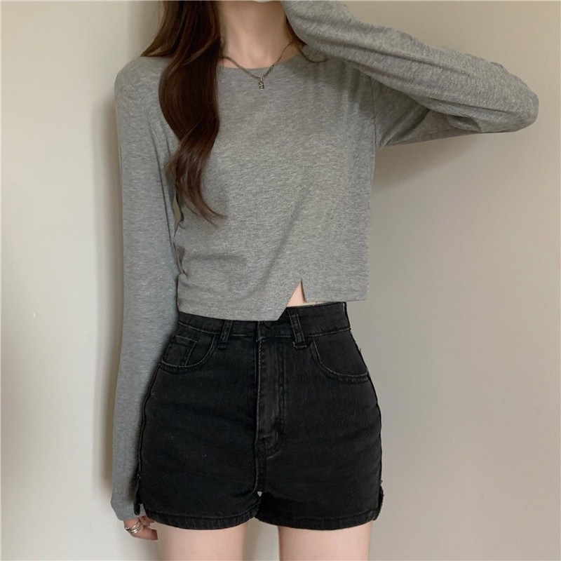 IELGY    Áo Thun Tay Dài Dáng Ngắn Lệch Tà Thời Trang Cho Nữ