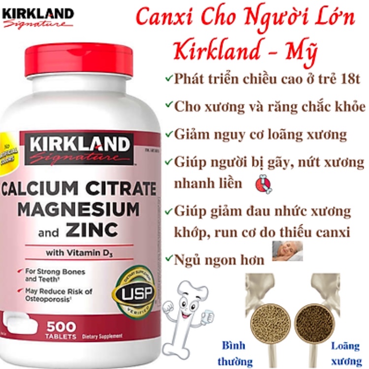 Viên uống hỗ trợ xương chắc khỏe Kirkland Calcium Citrate Magnesium and ZinC (500 viên/ chai) bổ sung canxi kẽm magie