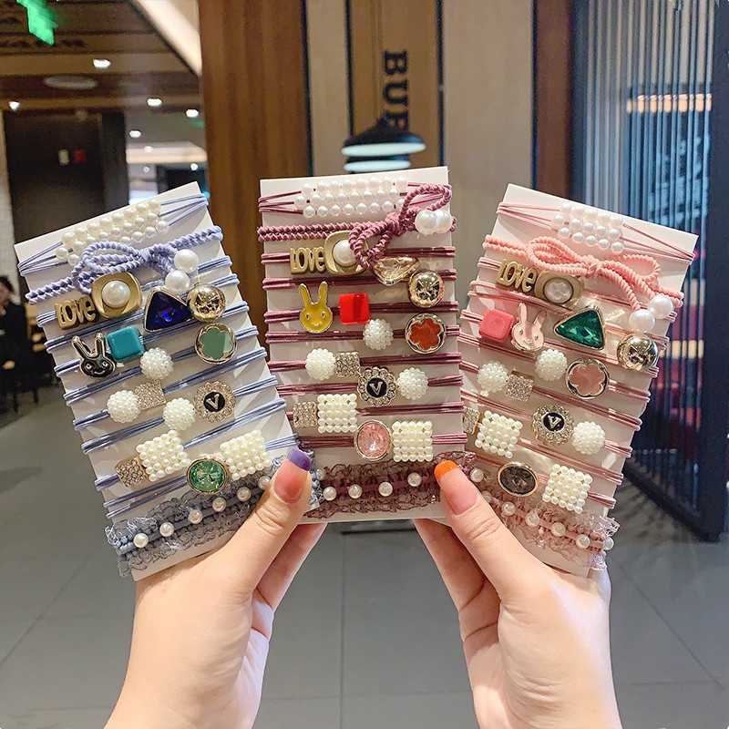 Bộ 11 Dây Cột Tóc Cao Su Đính Ngọc Trai Dễ Thương Phong Cách Hàn Quốc