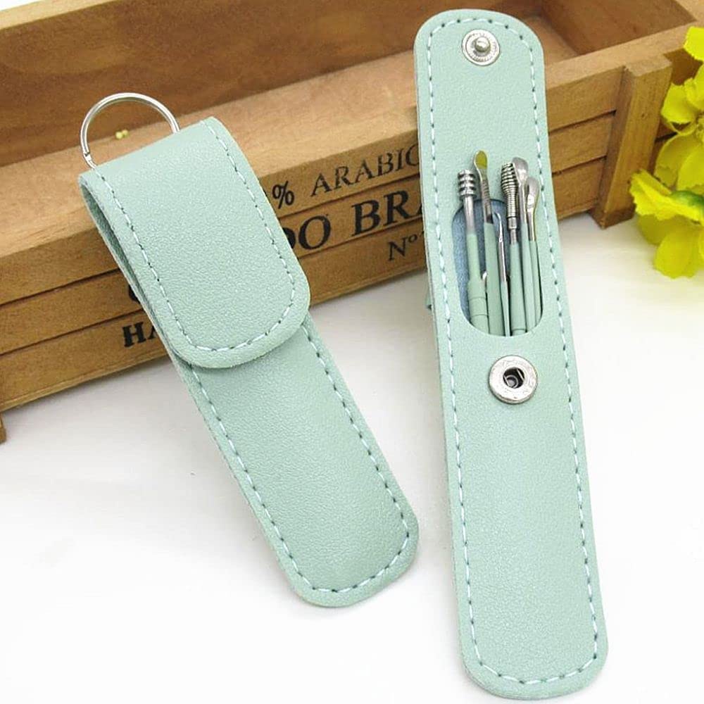 Bộ dụng cụ làm sạch tai bằng thép không gỉ 6 cái / bộ Curette có thể tái sử dụng với giá đỡ móc khóa Earpick Sticks Bộ dụng cụ làm sạch tai Bộ lấy ráy tai Dụng cụ lấy ráy tai