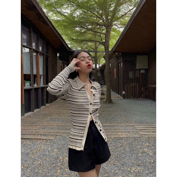 SET ÁO SỌC CỔ POLO CÀI NÚT + SHORT ĐEN