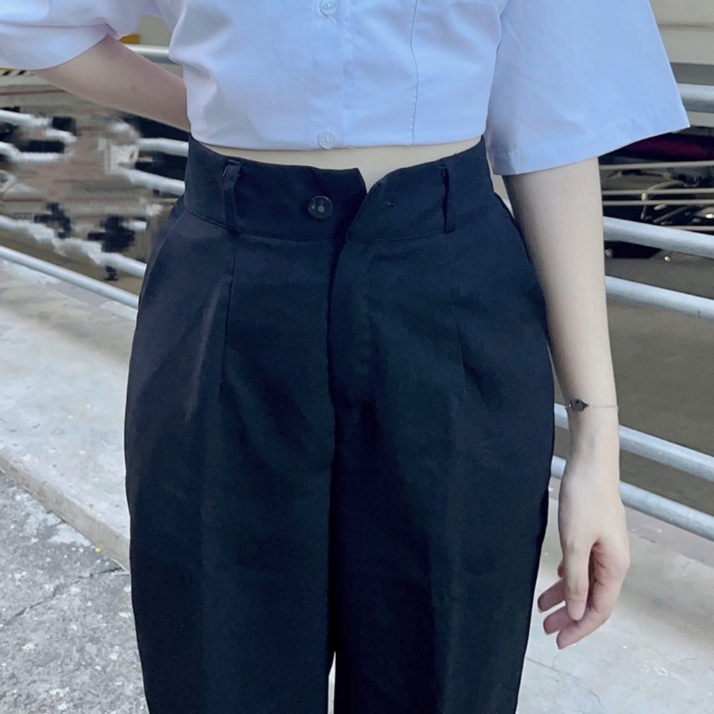 Quần tây đi học nữ màu xanh đen cạp lưng cao có đỉa - Quần baggy vải học sinh dày đáy cao nữ cấp 3 2 phối sơ mi đi học