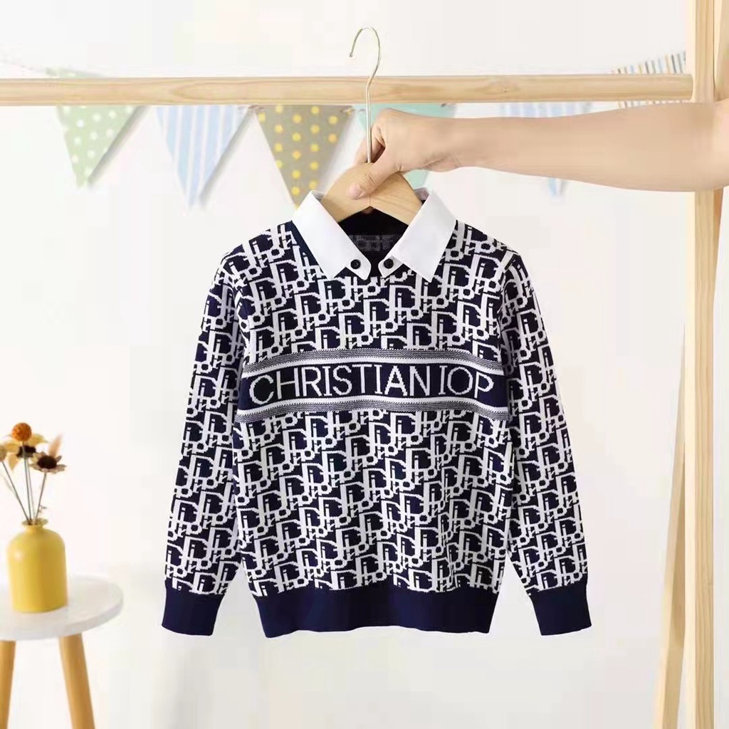 Áo len bé trai 3-8 tuổi dệt chữ và kẻ, Áo len cổ sơ mi cho bé hàng Quảng Châu đanh sợi không bai xù