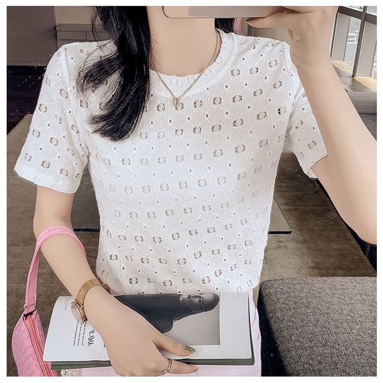 Áo Thun Tay Ngắn Cổ Tròn Phối Ren Thời Trang Mùa Hè Phong Cách Hàn Quốc Cho Nữ