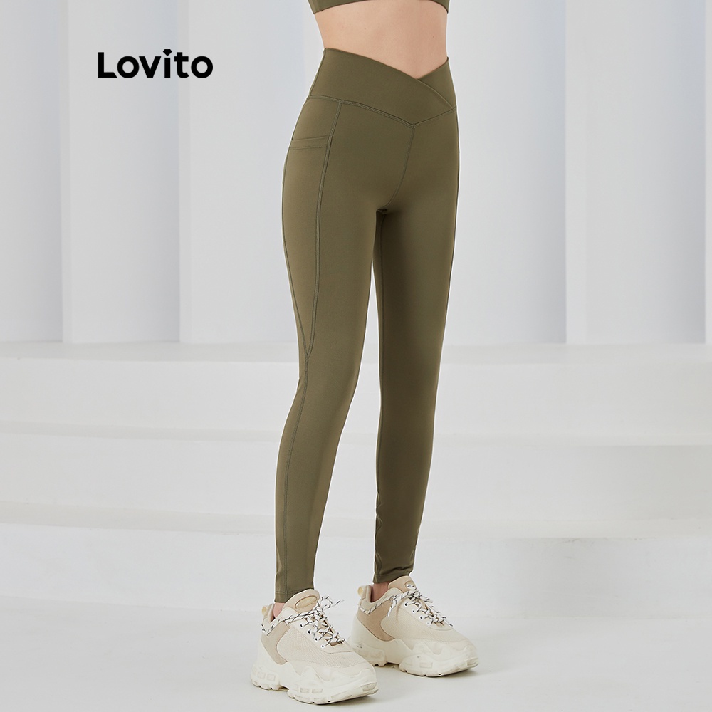 Quần legging Lovito thể thao ôm dáng trơn không lớp lót độ co giãn cao có túi L04019 (Xanh lá)