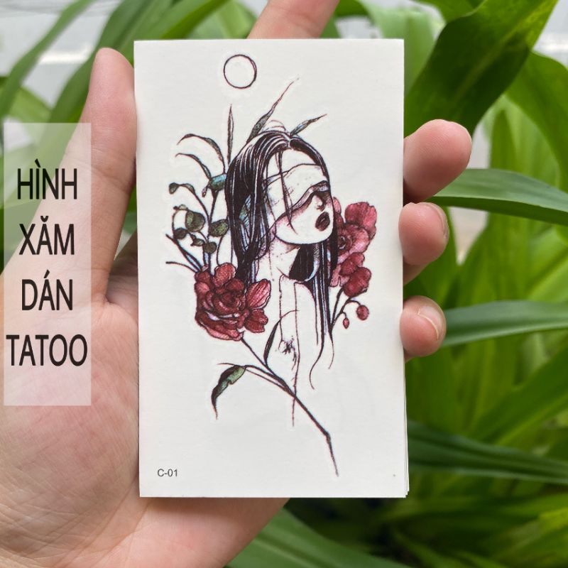 Hình xăm cô gái bịt mắt c01. Tatoo dán tạm thời size &lt; 10x6cm