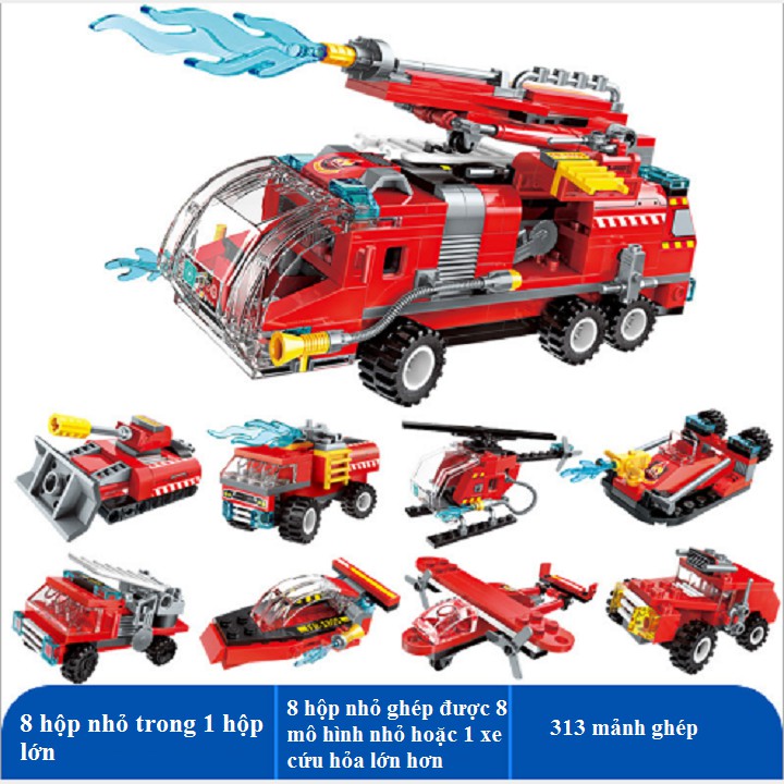 Bộ đồ chơi lắp ráp kiểu lego 8 trong 1 Qman Mô hình xe cứu hỏa 1805