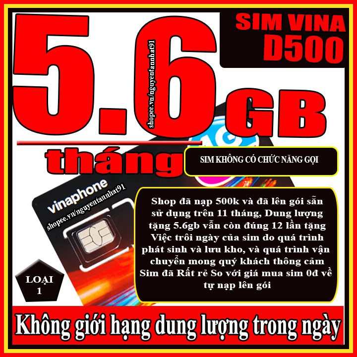 Sim 4G Vina trọn gói 1 năm gói cước D500, D500t miễn phí hoàn toàn 1 năm không nạp tiền,sử dụng trên toàn quốc.