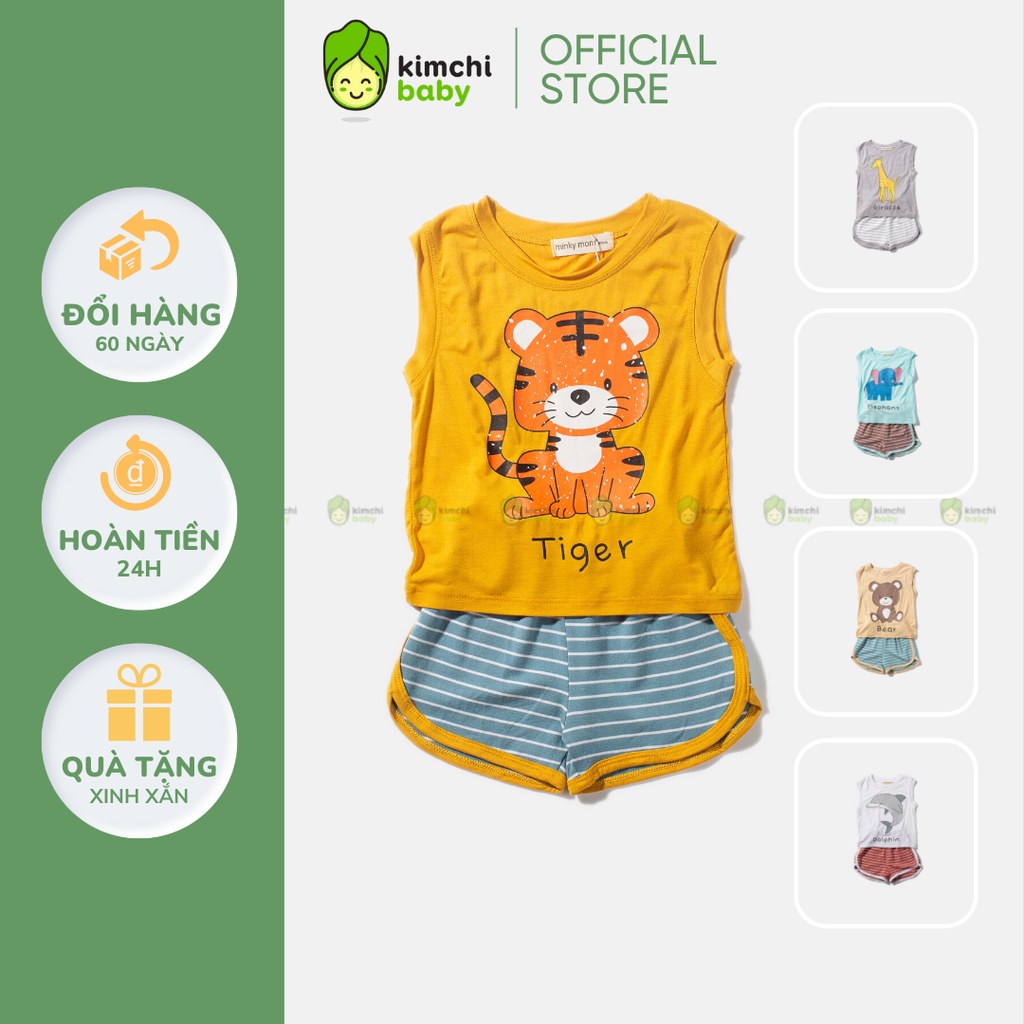 Bộ Ba Lỗ Bé Trai, Bé Gái MinkyMom Vải Thun Lạnh Hoạ Tiết Cá Heo Quần Kẻ, Áo 3 Lỗ Cho Bé Mặc Hè Thoáng Mát MKM3LO2212