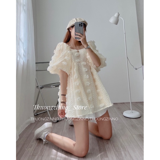 [Ảnh thật/Video]Áo trễ vai hoa nổi tay phồng MiO Nhẹ nhàng trẻ trunh Áo trễ vai Hàn Quốc hoa nổi