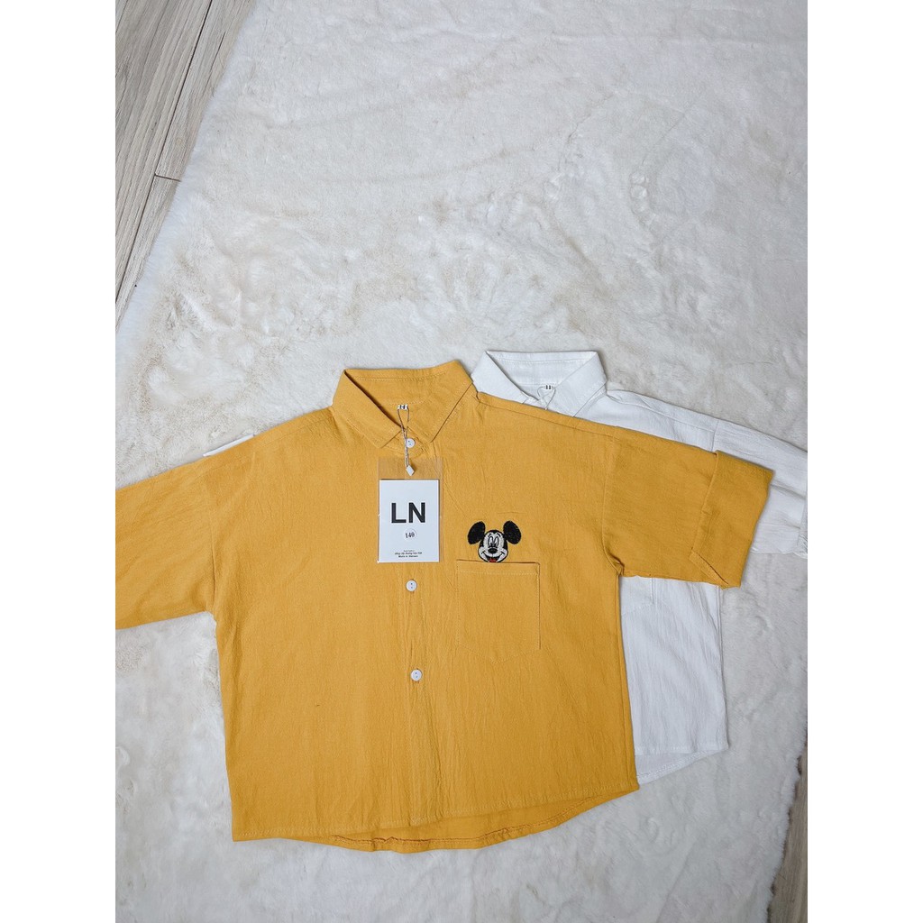 HOT DEAL>>> Áo Sơ Mi Đũi Bé Trai Bé Gái Thêu Mickey