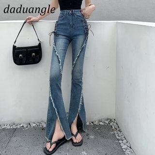 DaDuAngle💕 The New Ins Korean Version of the Drawstring Jeans High Waist Slit Flared Pants Fashion Women’s Clothing