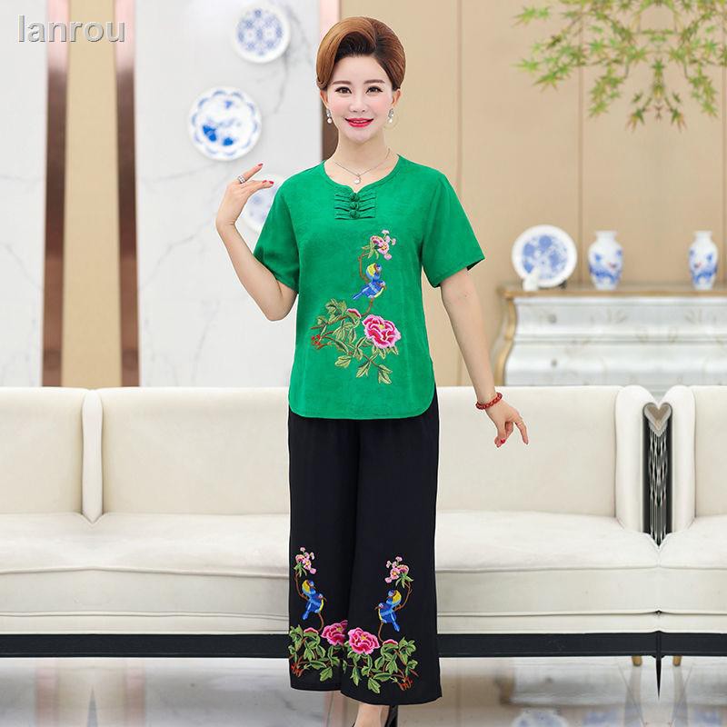 Set Áo Thun Cotton Và Quần Ống Rộng Thêu Họa Tiết Phong Cách Dân Tộc Dành Cho Phụ Nữ Trung Niên 40-60 Tuổi