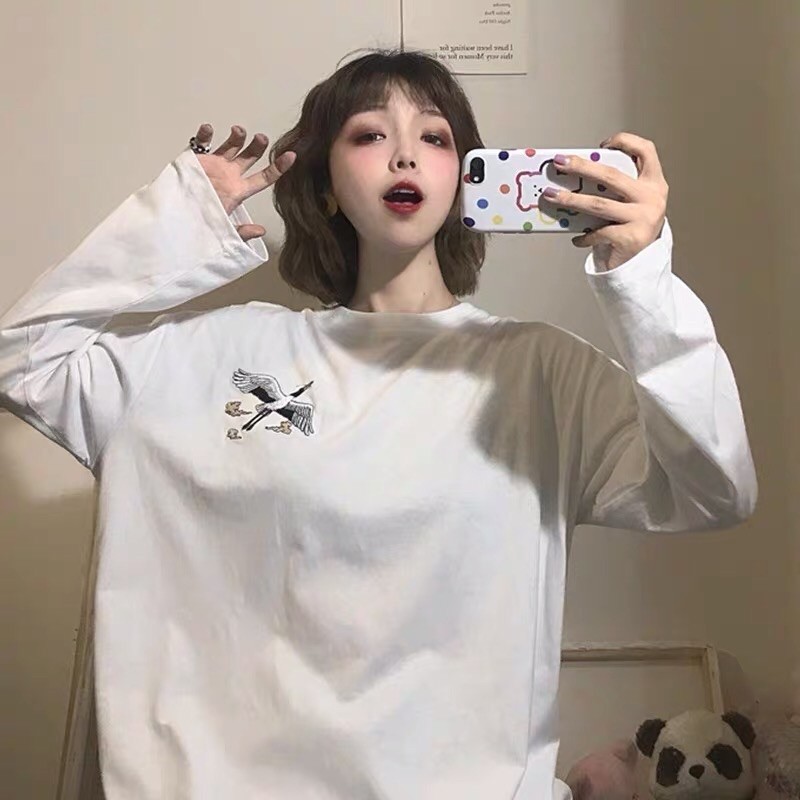 [ Có Ảnh Thật ] Áo thun tay dài form rộng - phông dài tay nam nữ oversize thêu con hạc - 2N Unisex