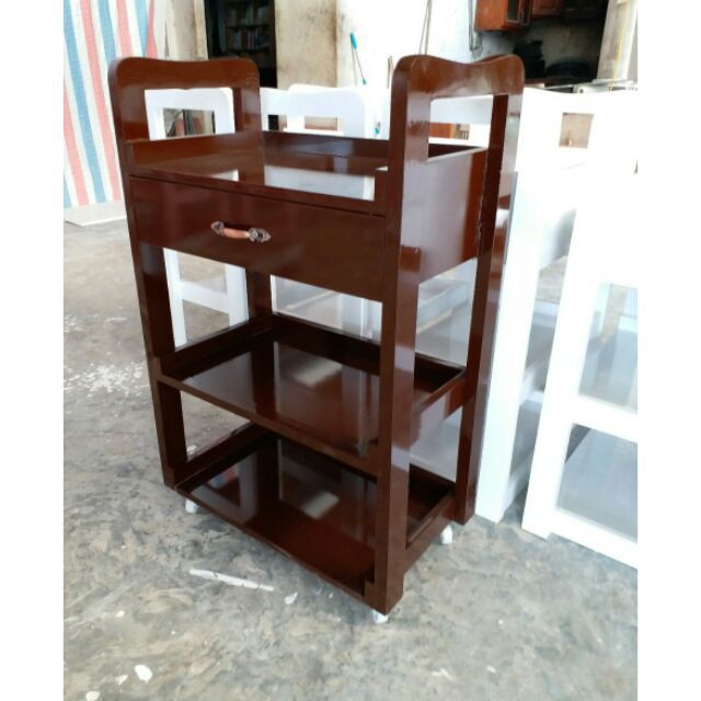 Xe đẩy gỗ spa 3 tầng, có ngăn kéo bánh xe di chuyển
