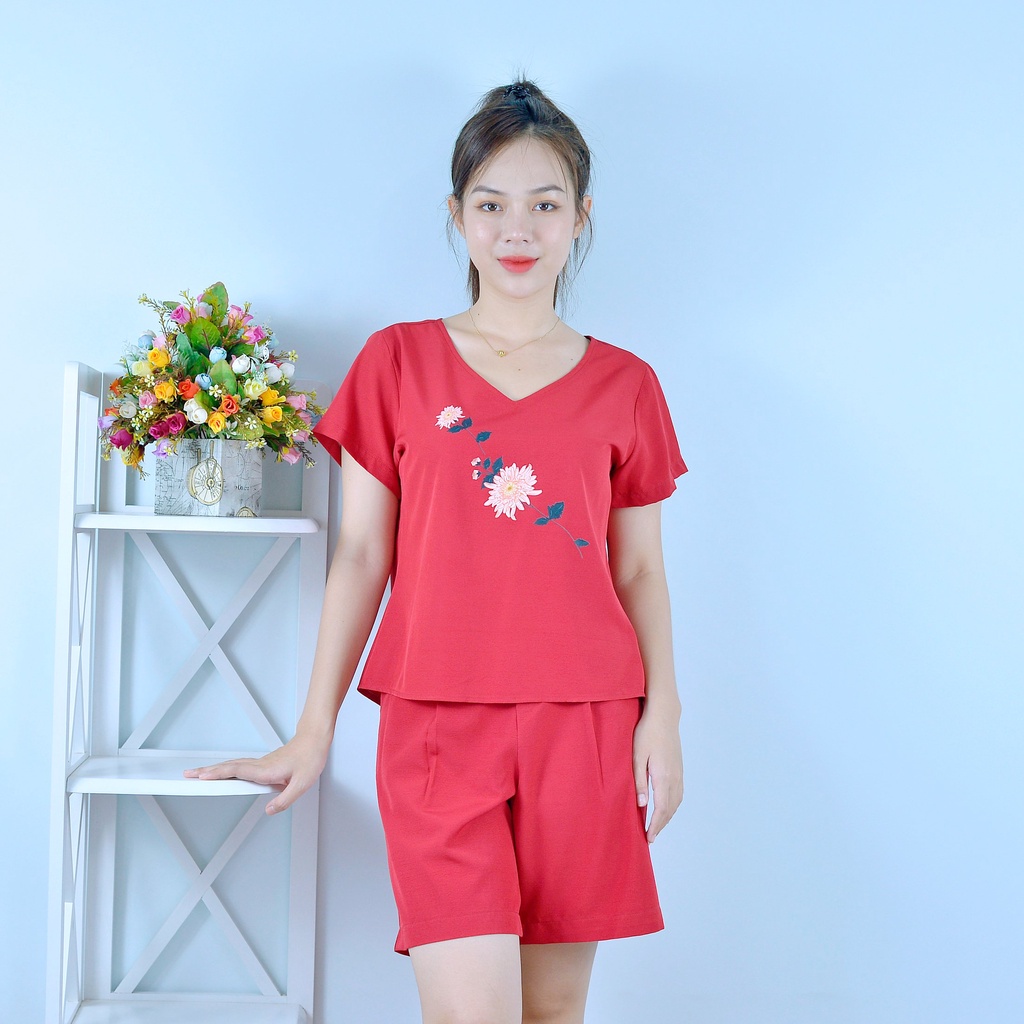 Bộ đồ nữ  MÀU ĐỎ CỔ TIM IN HOA  - vải lụa cao cấp - Cực Kì Sang Chảnh