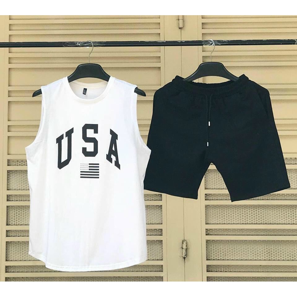 Set bộ đồ nam áo sát nách quần short USA - Sét đồ thể thao nam tập gym mẫu mới siêu hót vải thun co giãn thoải mái