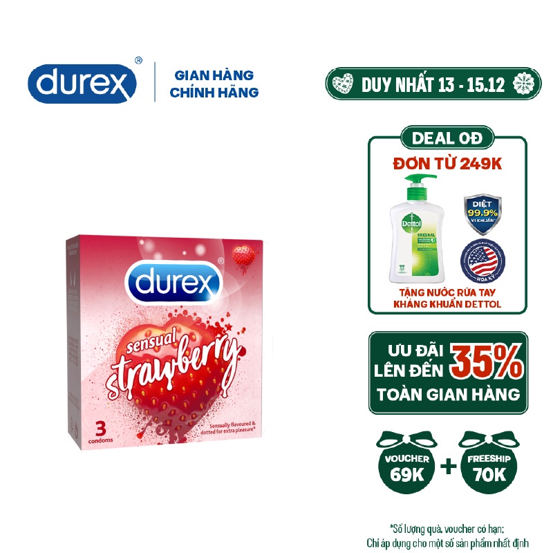 Bao cao su Durex Sensual Strawberry hương dâu (size 52mm, 3 bao/hộp)