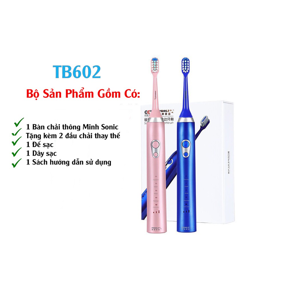 Bàn Chải Đánh Răng Điện Electronic Sonic Toothbrush TB6 Tặng Kèm 2 Đầu Chải Và Một Bộ Nguồn Không Dây