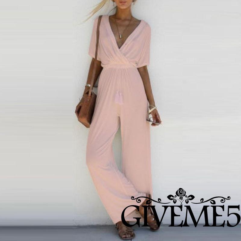 Áo liền quần dáng rộng cổ chữ V màu trơn S-XL