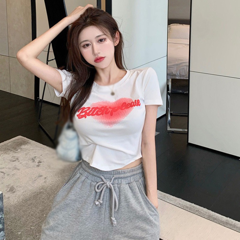 Áo Thun Lửng Tay Ngắn Cổ Tròn Có In Chữ Dành Cho Nữ