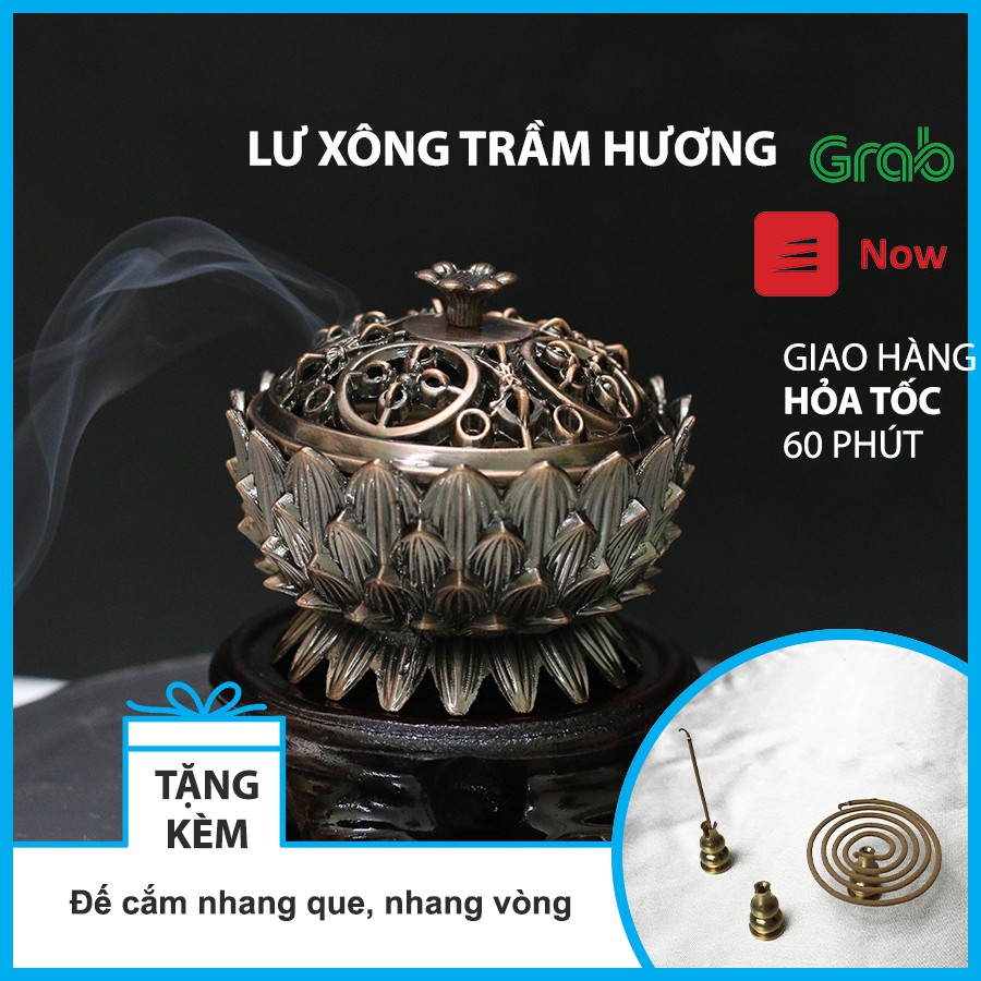 Lư xông trầm hương - Lư đốt trầm hình cánh hoa sen, khắc họa tiết chày kim cang đôi - Hiên Nhà