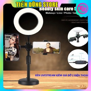 Đèn Livestream 3 in 1 Tích Hợp Giá Đỡ 2 Điện Thoại, Có 3 Chế Độ Sáng, Kẹp Điện Thoại Để Bàn Quay Video