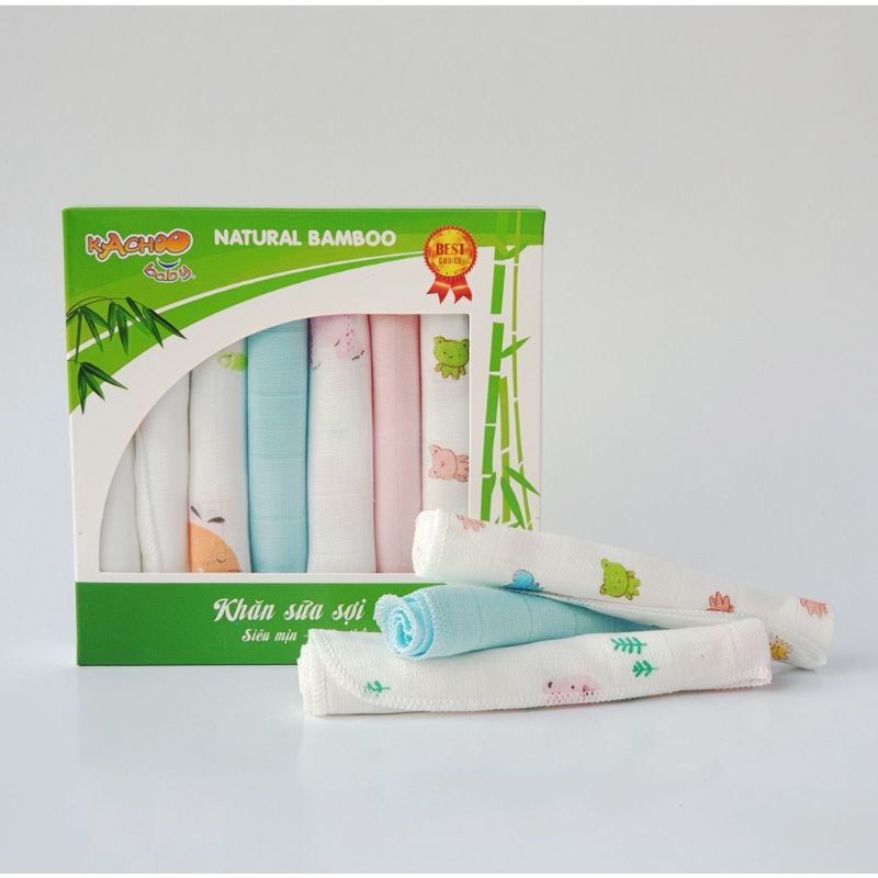 Hộp 8 Khăn Sữa Sợi Tre Cho Bé 30x30cm, 2 lớp KACHOOBABY Mềm Mịn Thấm Hút Kháng Khuẩn