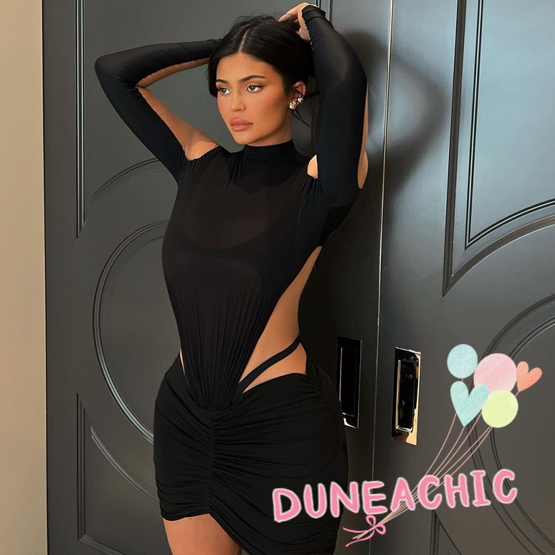 DUNEA Đầm Dài Tay Cổ Tròn Phối Lưới Hở Lưng Gợi Cảm Cho Nữ