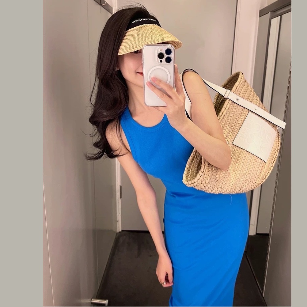 Váy body thun gân dáng dài cổ tròn sát nách - Đầm body sexy freesize dài váy 120cm