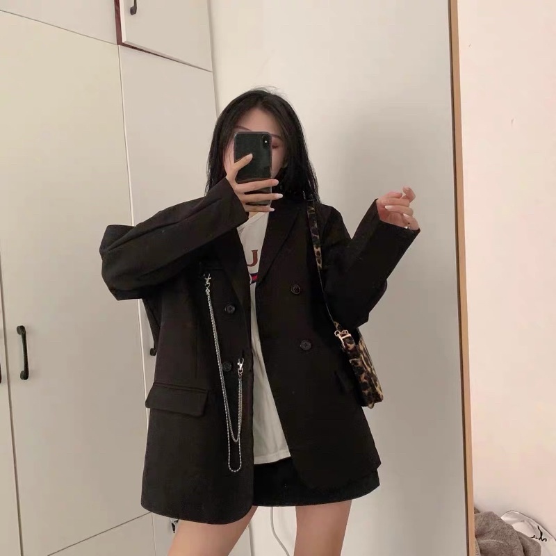 (Order 2 tuần) Áo blazer hai màu đen và be kèm chain dáng oversized cho nam và nữ Ulzzang (ảnh thật)