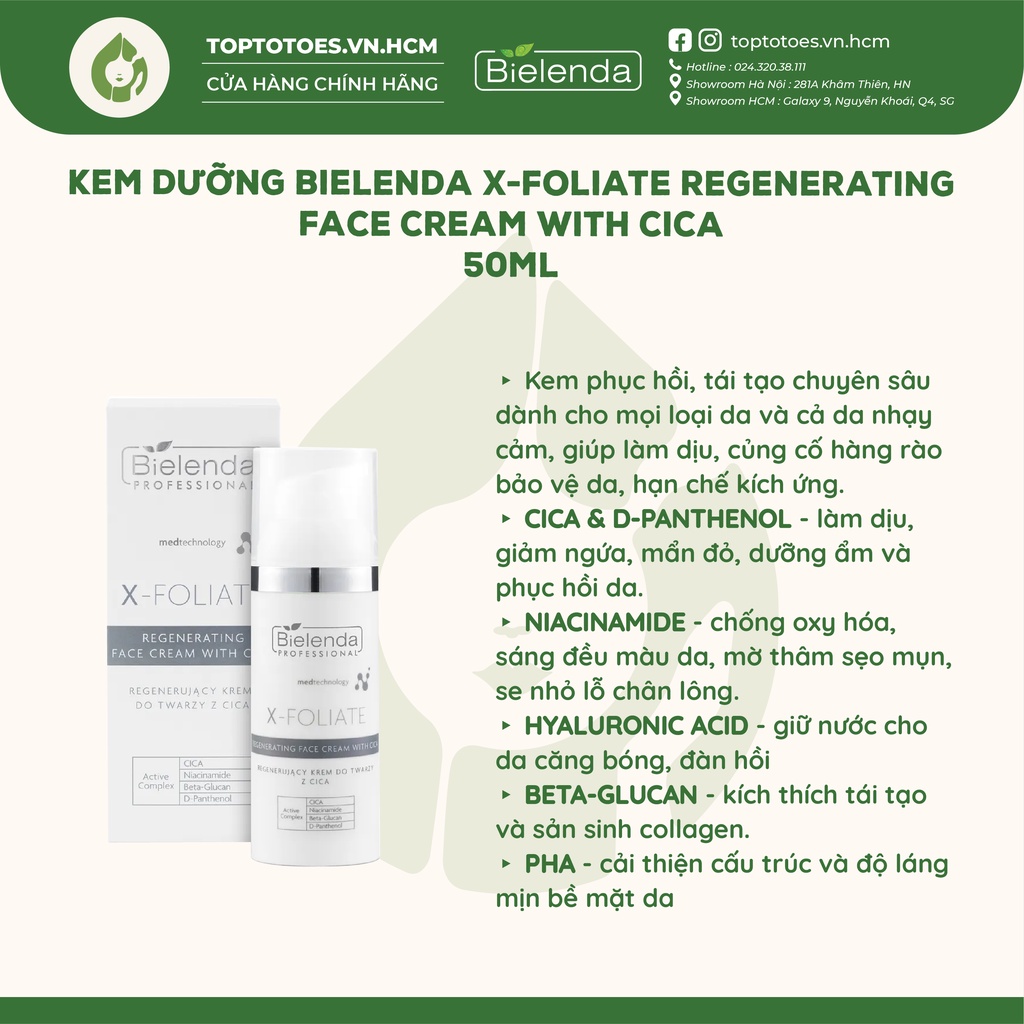 Kem dưỡng làm dịu, phục hồi da Bielenda Professional X - FOLIATE Regenerating Face Cream with CICA 50ml