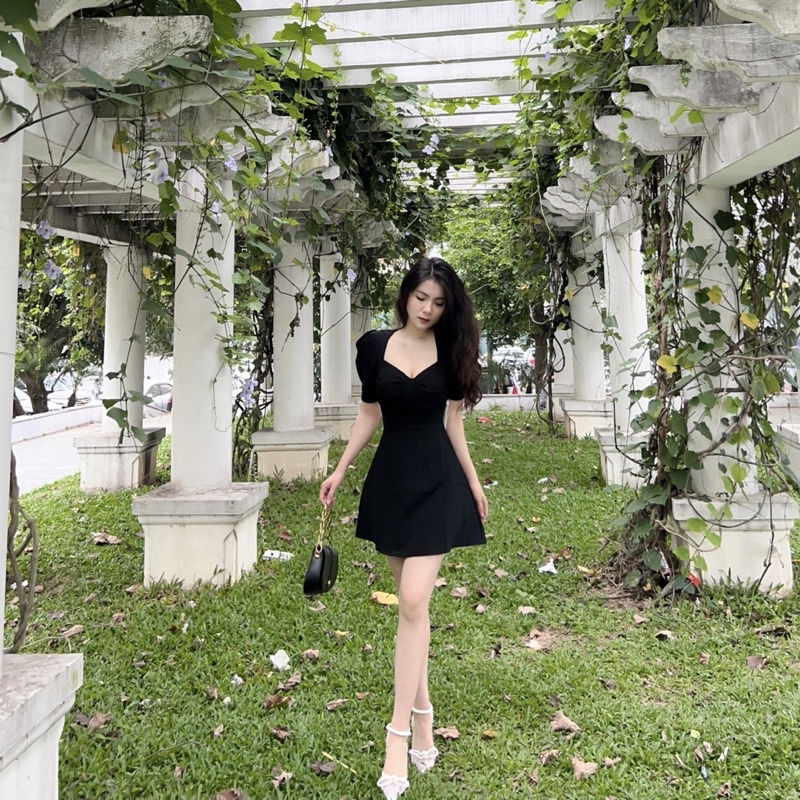 Đầm nơ hở lưng form chữ A có mút hai màu đen, trắng - Giangjoile.Store