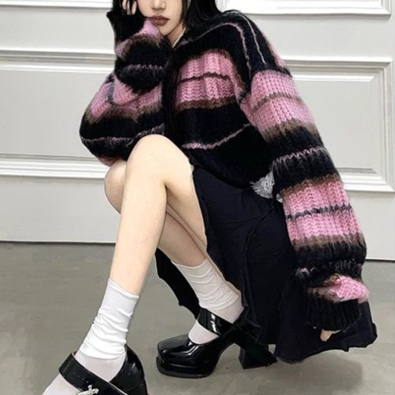 Áo Croptop Dệt Kim Hoạ Tiết Kẻ Sọc Màu Đen Hồng 10MK