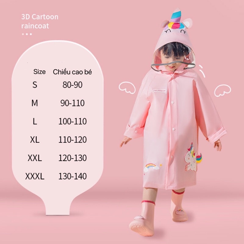Áo mưa Unicorn, vịt con và khủng long đáng yêu dáng dài cho bé đi học mầm non