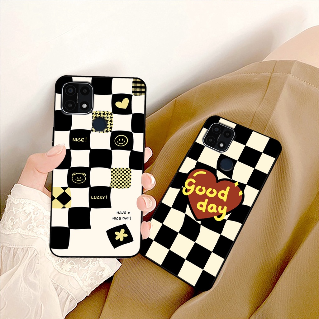 Ốp lưng Oppo A15 - Oppo A15s in hoạ tiết caro trái tim đen trắng, gấu bear cute đáng yêu