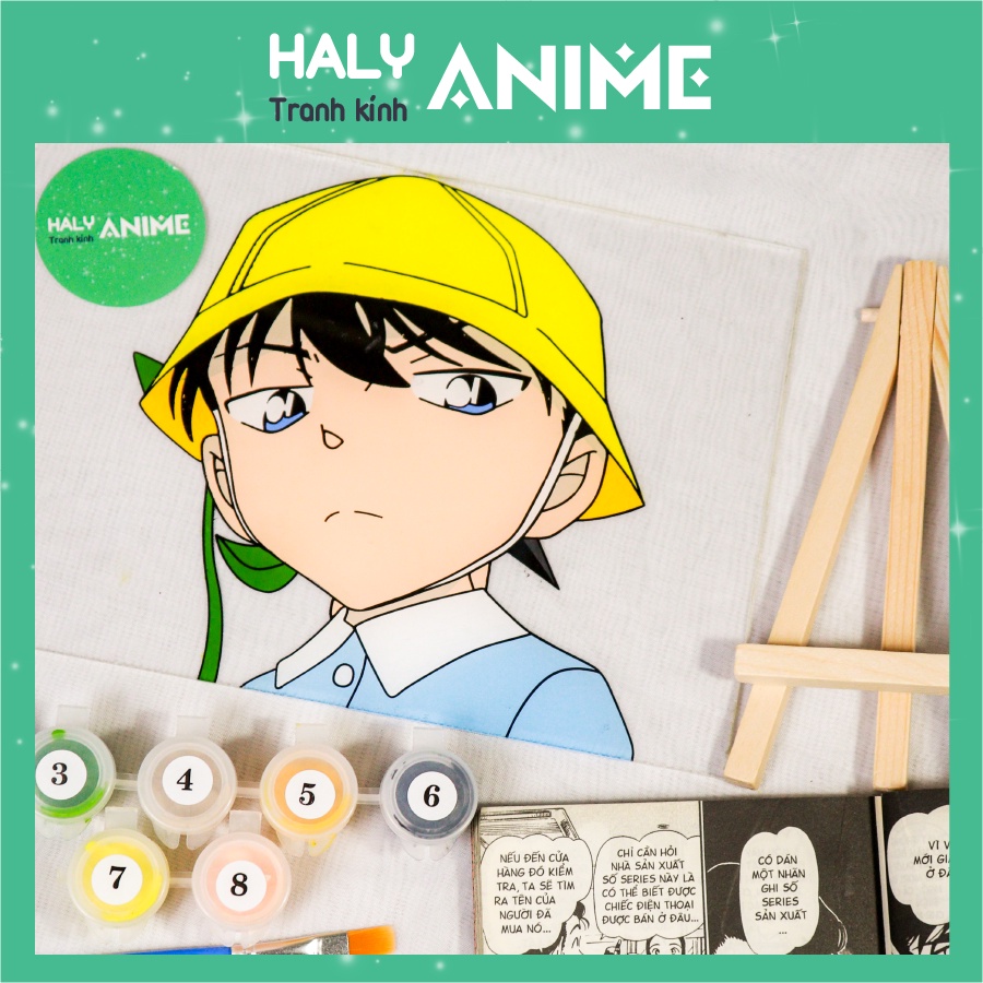 Tranh kính anime Conan, theo yêu cầu, glass painting kit dễ thương, màu acrylic 3D khó phai.