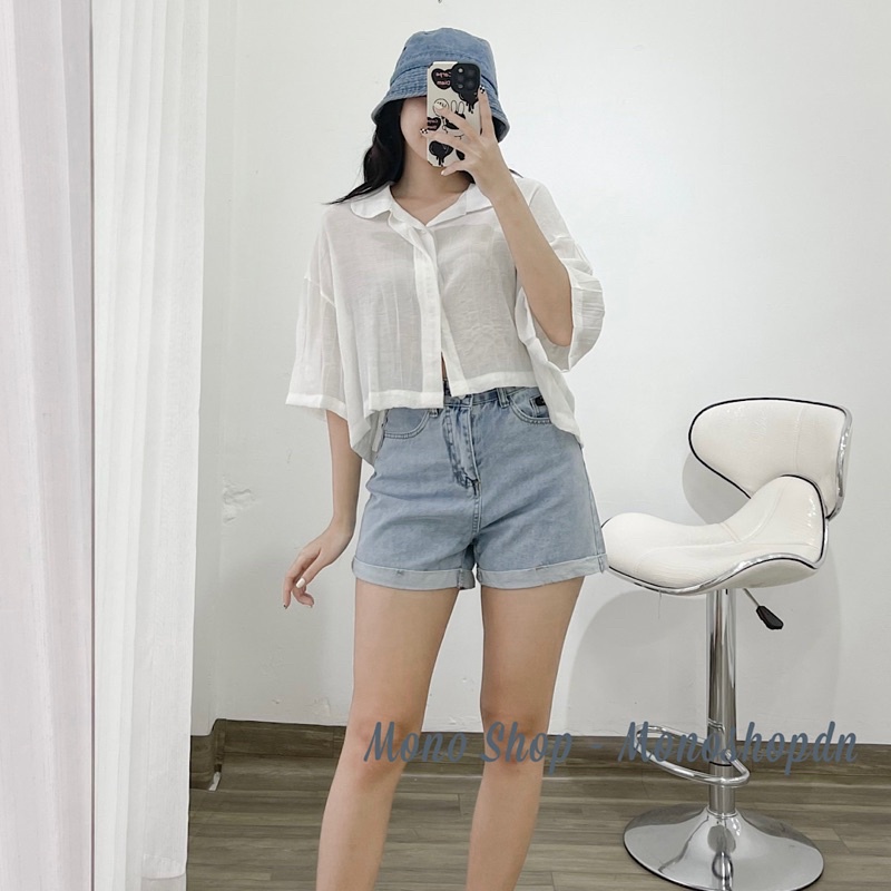 Áo sơ mi croptop linen cổ bẻ dáng dơi Ảnh thật/ sẵn