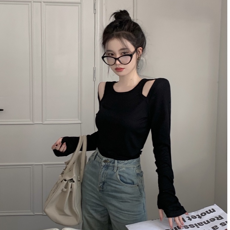 Áo croptop QKOOLE tay dài cổ tròn dáng ôm gợi cảm thời trang Hàn Quốc cho nữ