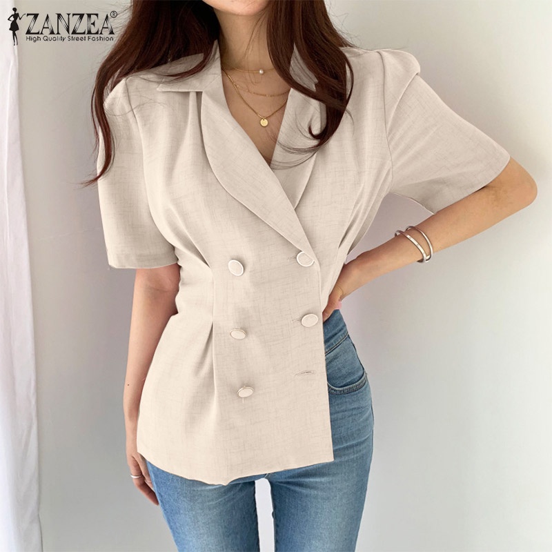 Áo sơ mi ZANZEA tay ngắn phồng phong cách Hàn Quốc thời trang cho nữ