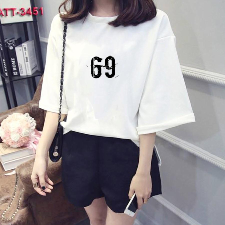 Áo thun nữ tay lỡ Hàn Quốc form rộng in hình số 69 vài dày mịn TEEWOTL42