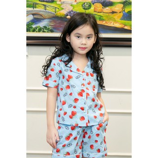 Bộ đồ Pijama bé gái màu xanh nước biển họa tiết quả dâu đỏ
