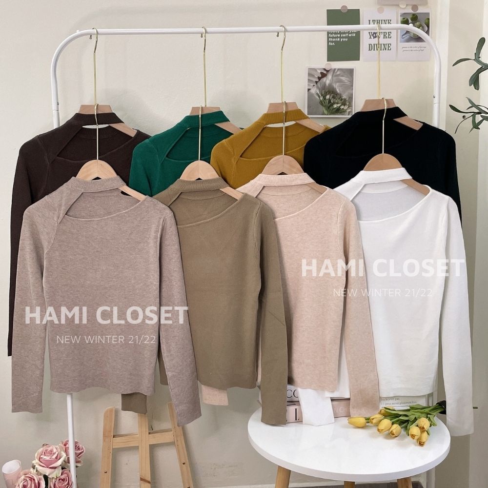 Áo len hở cổ dài tay, dáng cổ lệch vai chất len mềm bảng màu hàn quốc
