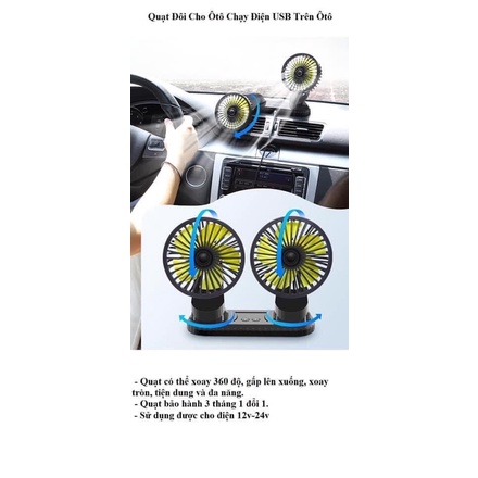 Quạt máy đôi mini 12v, 24v xoay 360 tiện ích trên ô tô, xe hơi cao cấp