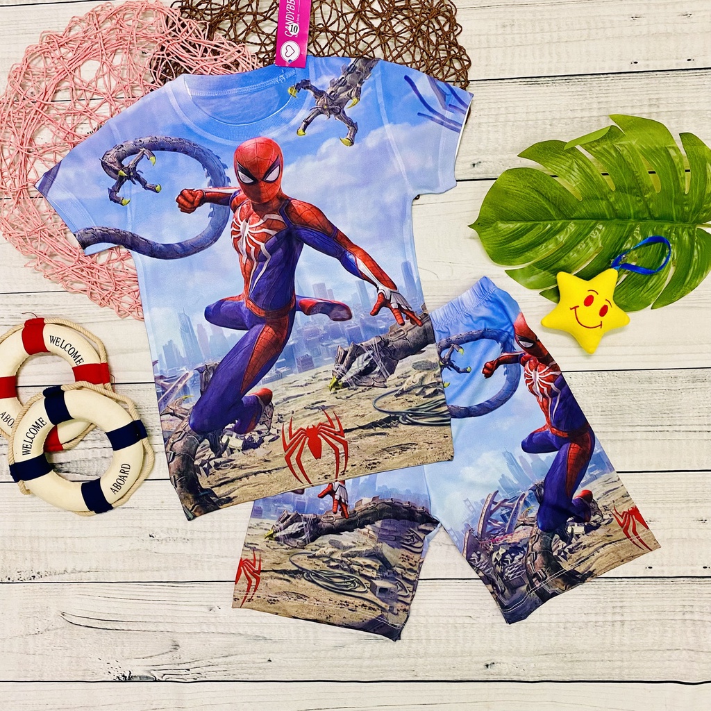 Đồ bộ bé trai, bộ thun lạnh cộc tay bé trai in 3D hình siêu nhân Người Nhện - Spider Man size đại cho bé từ 10 - 60kg