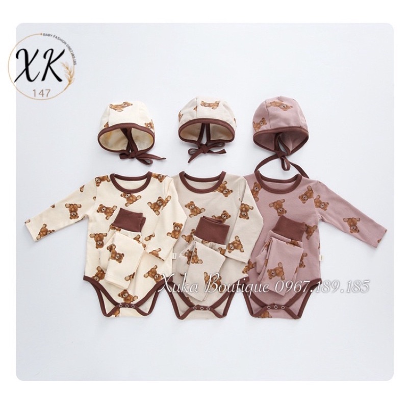 Bodysuit Kèm Quần + Mũ Hình Gấu Cao Cấp Cho Bé 0-2 Tuổi Style Hàn Quốc Cotton Dài Tay Thu Đông Cực Đẹp