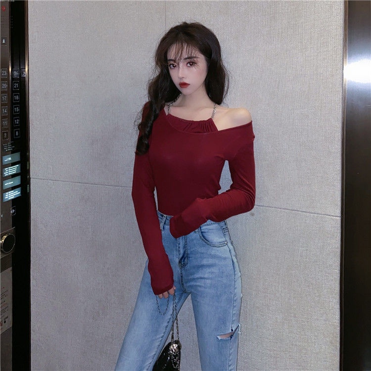 Áo thun COZOKC tay dài trễ vai cổ yếm dáng ôm thời trang quyến rũ cho nữ