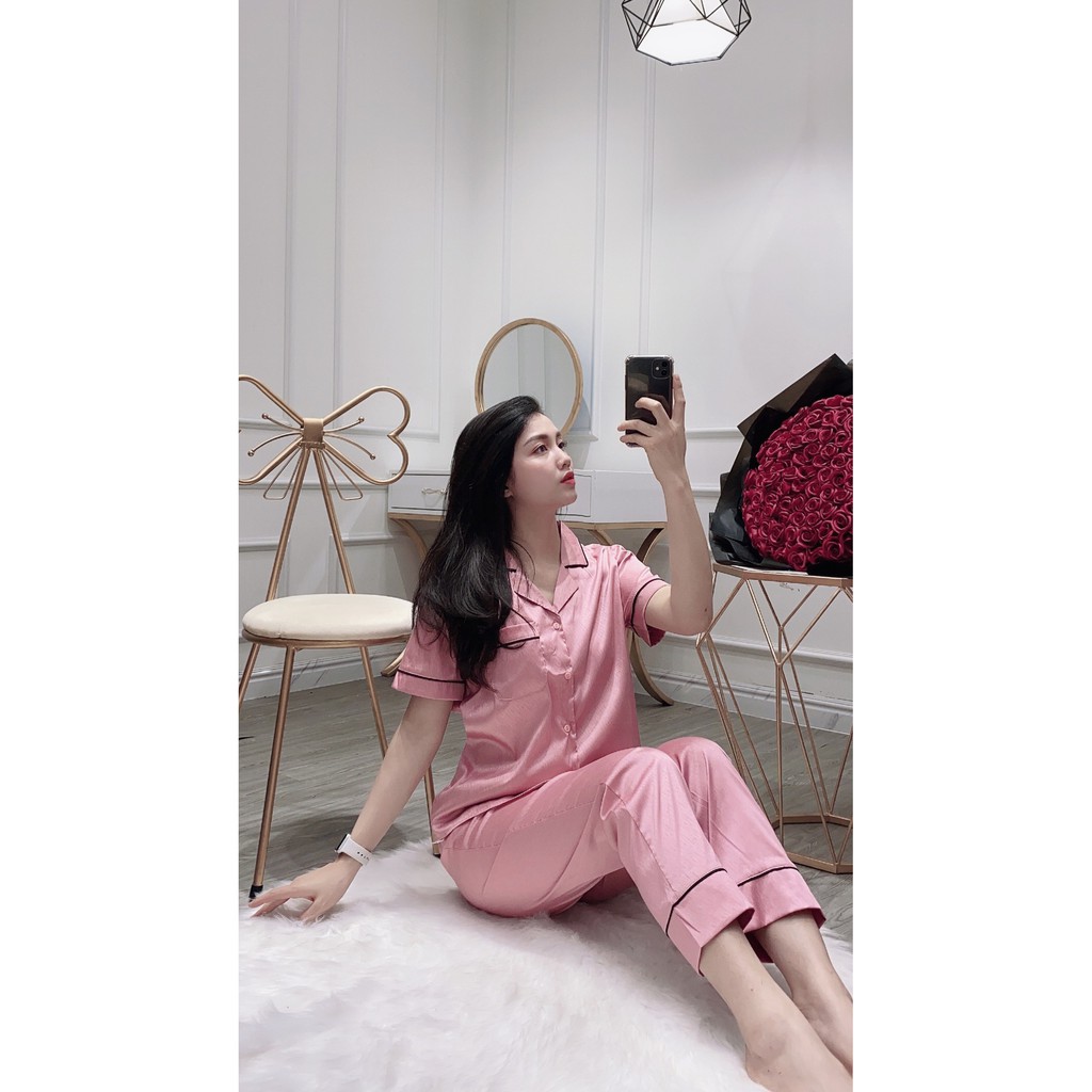 Đồ ngủ pijama gấm xước tay cộc quần dài